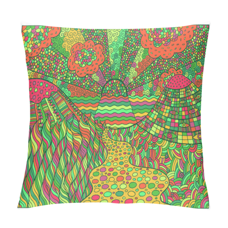 Personality  Doodle surreal landscape. Fantastic colorful psychedelic graphic artwork. Vector illustration. pillow covers