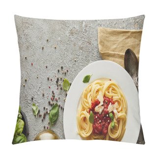 Personality  Top View Of Delicious Spaghetti With Tomato Sauce On Plate Near Basil Leaves And Cutlery On Grey Textured Surface Pillow Covers