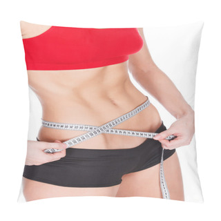 Personality  Woman Measuring Waist With A Tape Measure, Isolated On White Pillow Covers