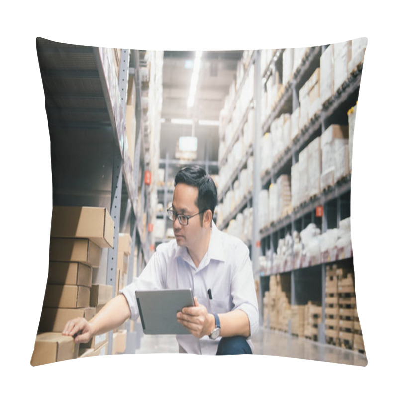 Personality  Wholesale, logistic, business, export and people concept - Man warehouse worker checking goods at warehouse pillow covers