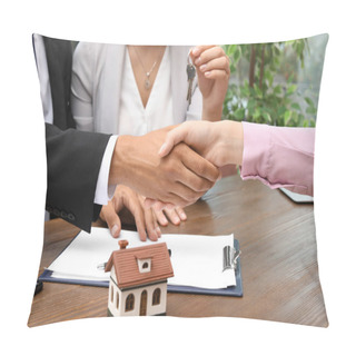 Personality  Man Shaking Hands With Real Estate Agent On Meeting Over Table Pillow Covers