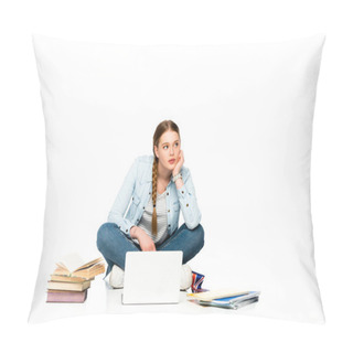 Personality  Pensive Girl Sitting On Floor With Laptop, Books And Copybooks And Holding Uk Flag Isolated On White Pillow Covers