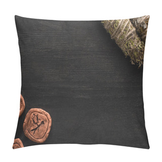 Personality  Top View Of Clay Amulets With Herbal Smudge Sticks On Dark Wooden Background Pillow Covers