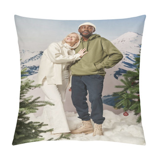 Personality  Cheerful Blonde Woman Hugging With African American Boyfriend With Mountain Backdrop, Winter Fashion Pillow Covers