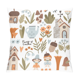 Personality  Vector Illustrations Set Of Forest Plants, Magic Houses, Flowers And Fairy Tale Characters. Cute, Fabulous Houses, Acorns, Mushrooms, Lilies Of The Valley In Cartoon Style. Pillow Covers