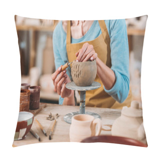 Personality  Cropped View Of Potter In Apron Decorating Ceramic Bowl In Workshop  Pillow Covers