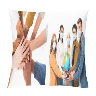 Personality  Collage Of Multiethnic People Holding Hands And Globe While Wearing Medical Masks Isolated On White, Banner  Pillow Covers
