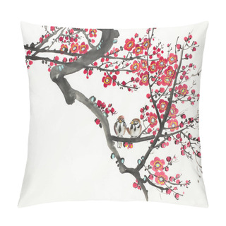 Personality  Flowering Plum And Bird Branch On A Light Background Pillow Covers