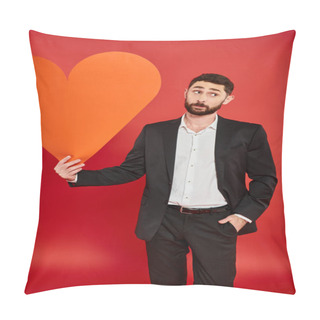 Personality  Bearded Elegant Man In Black Suit With Orange Paper Heart Looking Away On Red, St Valentines Day Pillow Covers