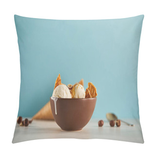 Personality  Bowl Of Delicious Ice Cream With Pieces Of Waffle On Blue With Copyspace Pillow Covers