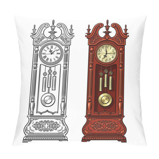 Personality  Antique Grandfather Pendulum Clock. Hand Drawn Black And White And Colored Vector Illustration. Pillow Covers