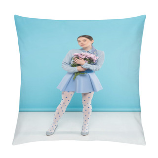 Personality  Trendy Woman Looking At Camera While Holding Pink Chrysanthemums On Blue Background Pillow Covers
