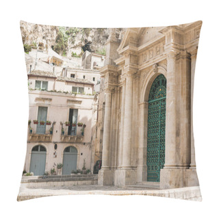 Personality  SCICLI, ITALY - OCTOBER 3, 2019: Ancient San Bartolomeo Church Near Houses In Italy  Pillow Covers