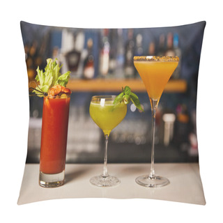 Personality  Mixed And Fresh Cocktails In Glasses On Bar Counter  Pillow Covers