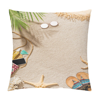 Personality  Top View Of Stylish Female Accessories Lying On Sandy Beach Pillow Covers