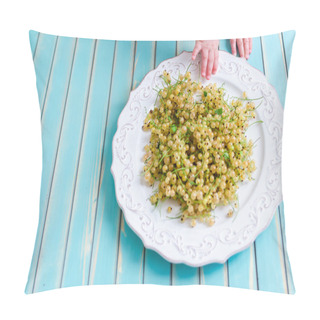 Personality  Little Baby Hands With White Currant On Plate On Wooden Turquoise Table Background Pillow Covers