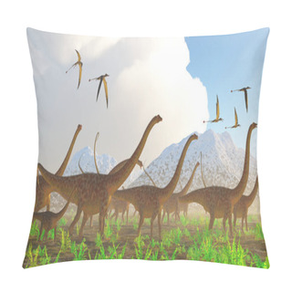 Personality  A Herd Of Diplodocus Sauropod Dinosaurs On Their Yearly Migration Encounter A Flock Of Rhamphorhynchus Flying Reptiles. Pillow Covers