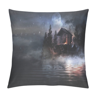 Personality  Night Fantasy Landscape With Abstract Mountains And Island On The Water, Wooden House On The Shore, Moonlight, Fog, Night Lamp. 3D  Pillow Covers