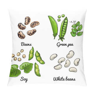 Personality  Vector Food Icons Of Vegetables. Colored Sketch Of Food Products. Baens, Green Pea, Soy Pillow Covers