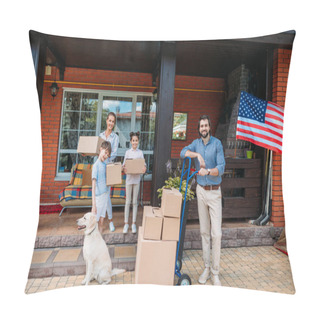 Personality  Family With Cardboard Boxes And Labrador Dog Standing On Country House Porch, Moving Home Concept Pillow Covers