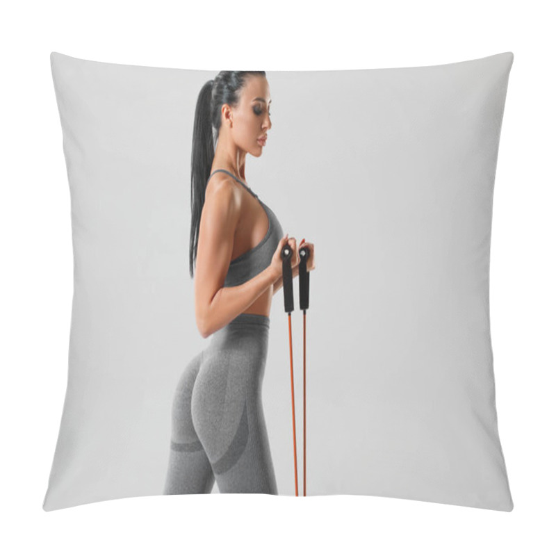 Personality  Athletic Girl Working Out With Resistance Band On Gray Background. Fitness Woman Exercises With Expander Pillow Covers