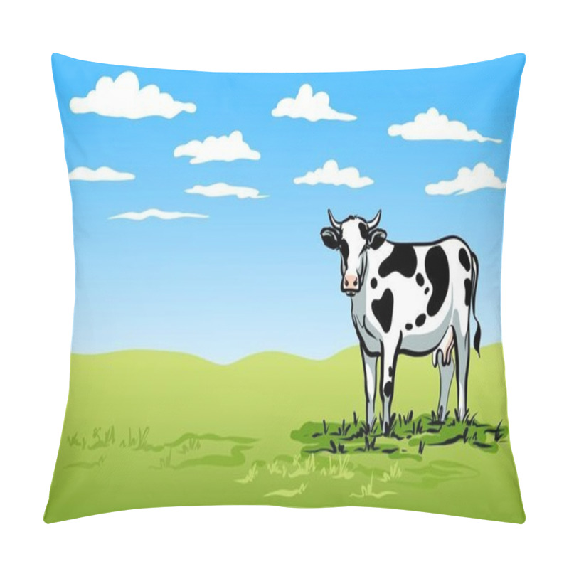 Personality  A black and white cow stands on a bright green lawn and looks at the viewer. Blue sky with clouds. Color illustration. pillow covers