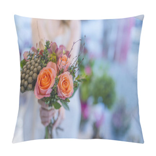 Personality  Woman Hands Holding Beautiful Flowers Bouquet.  Florist With Her Work. People, Business, Sale And Floristry Concept. Young Florist Holding In Her Hands Freshly Made Blossoming Flower Bouquet Pillow Covers