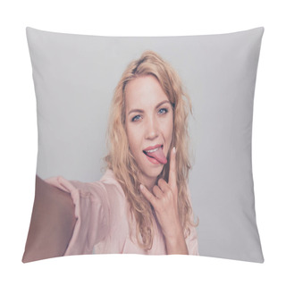 Personality  Attractive Cute Curly-haired Blonde Gorgeous Caucasian Cheerful Charming Young Smiling Girl Showing Horns Sign. Isolated Over Grey Background Pillow Covers