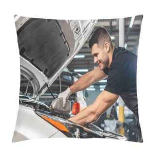 Personality  Smiling Mechanic Pouring Motor Oil At Car Engine Pillow Covers