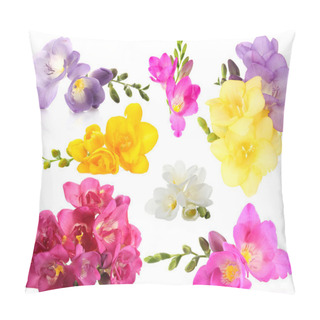 Personality  Collage Of Beautiful  Freesias Isolated On White Pillow Covers