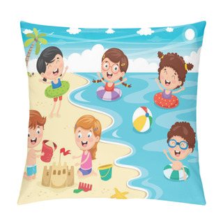 Personality  Vector Ilustration Of Kids Playing At Beach And Sea Pillow Covers