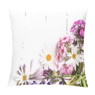 Personality  Summer Flowers On A White Wooden Background With Space For Text View From Above A Flat View Springtime Pillow Covers