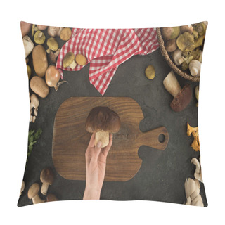 Personality  Woman Holding Mushroom In Hand  Pillow Covers