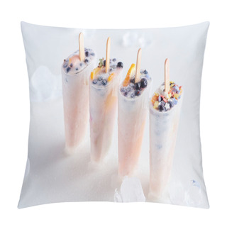 Personality  High Angle View Of Sweet Homemade Ice Cream With Fruits And Ice Cubes On Grey    Pillow Covers