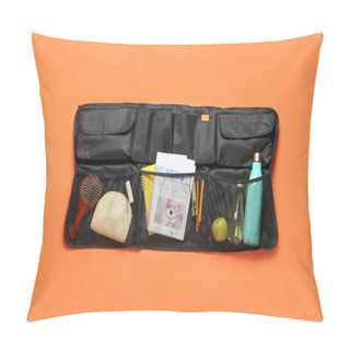 Personality  Travel Organizer With Different Things, Bottles Of Drink And Apple On Color Background Pillow Covers