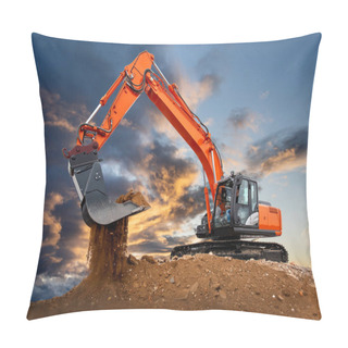 Personality  Excavator Working On Construction Site With Dramatic Clouds On Sky Pillow Covers