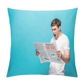 Personality  Angry Young Man Reading Newspaper With Fake News On Blue Background Pillow Covers