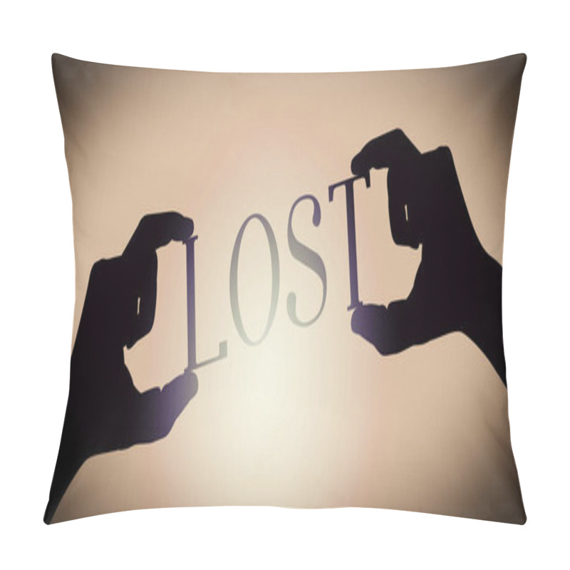 Personality  Lost - human hands holding black silhouette word, gradient background pillow covers