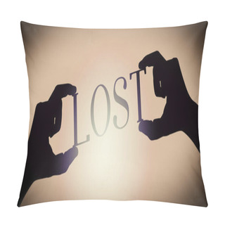 Personality  Lost - Human Hands Holding Black Silhouette Word, Gradient Background Pillow Covers