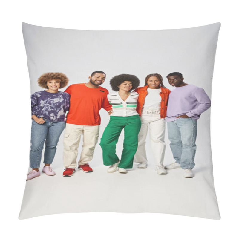 Personality  happy african american woman hugging her friends in vibrant attire on grey background, Juneteenth pillow covers