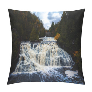 Personality  A Travel Photograph Of A Scenic Waterfall View Of The Lower Potato River Falls As The Water Cascades Down And Through The Rocky Riverbed And Cliffs Surrounded By Evergreen Trees And Autumn Foliage. Pillow Covers