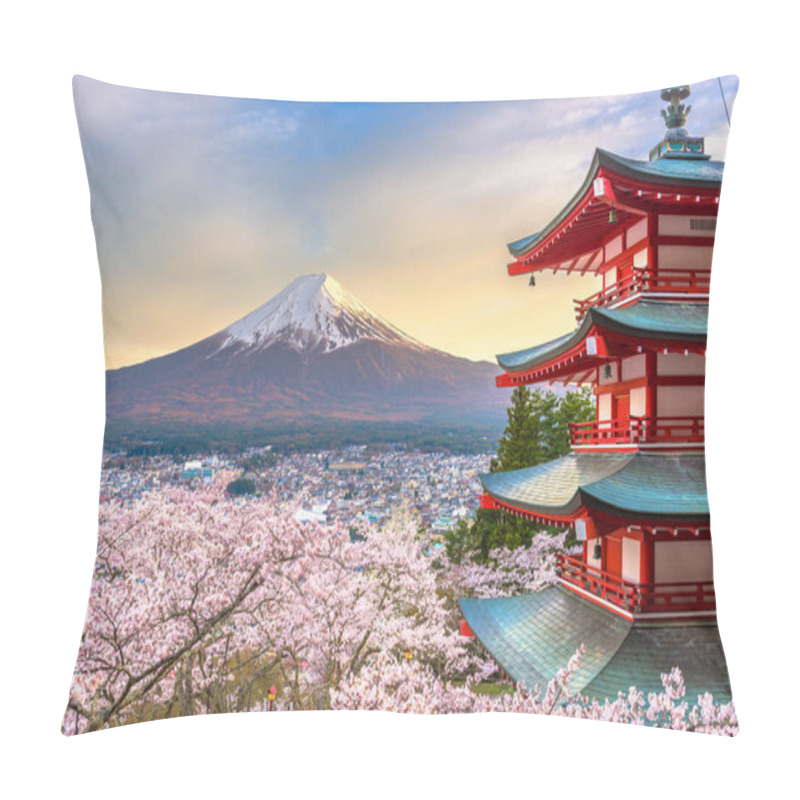 Personality  Fujiyoshida, Japan with Mt. Fuji and Chureito Pagoda pillow covers