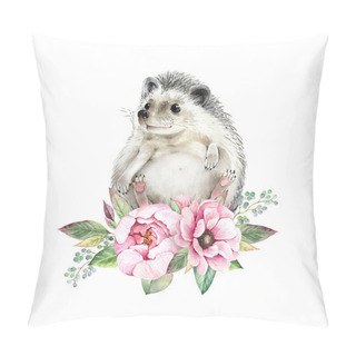 Personality  Hedgehog Cute Animal With Pink Bouquet Of Flowers, Isolated Watercolor Illustration. Hand Painted For Design And Decor Pillow Covers