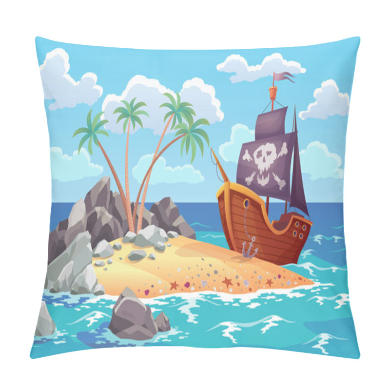 Personality  Pirate ocean island in cartoon style with ship moored on the island. Palm trees on uninhabited sea island. Tropical landscape with sandy beach and tropical nature pillow covers