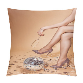 Personality  Cropped Image Of Woman Sitting With Empty Glass Near Disco Ball On Confetti At Party On Beige Pillow Covers