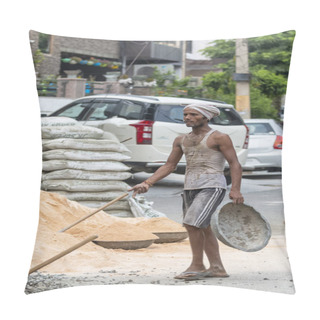 Personality  GHAZIABAD, UTTAR PRADESH, INDIA - OCTOBER 2021: Unidentified Indian Male Workers Working At Construction Site.   Pillow Covers