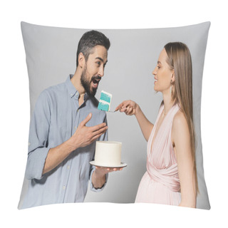 Personality  Smiling Pregnant Woman In Pink Dress Holding Blue Cake Near Husband With Open Mouth During Gender Party Celebration On Grey Background, Expecting Parents Concept, It`s A Boy  Pillow Covers