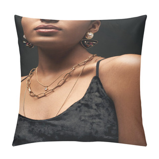 Personality  Cropped View Of Young And Elegant African American Model In Dress And Golden Chains And Earrings Standing Isolated On Black Under Lighting, High Fashion And Evening Look, Details, Close Up Pillow Covers