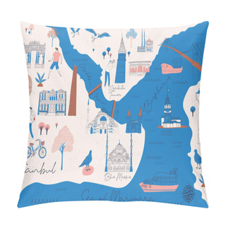 Personality  Cartoon Map Of  Istanbul With Legend Icons. Print Design Pillow Covers