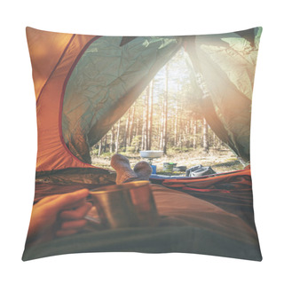 Personality  Wanderlust - Man Relaxing In Tent After Hike With Cup Of Tea Pillow Covers